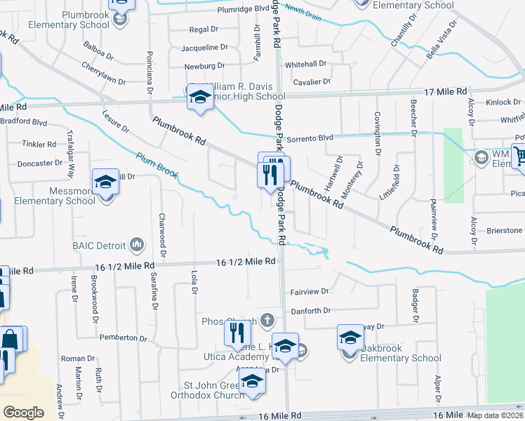 map of restaurants, bars, coffee shops, grocery stores, and more near 38447 Phyllis Court in Sterling Heights