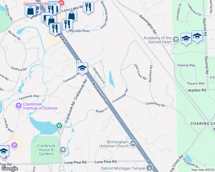 map of restaurants, bars, coffee shops, grocery stores, and more near 988 Stratford Place in Bloomfield Hills