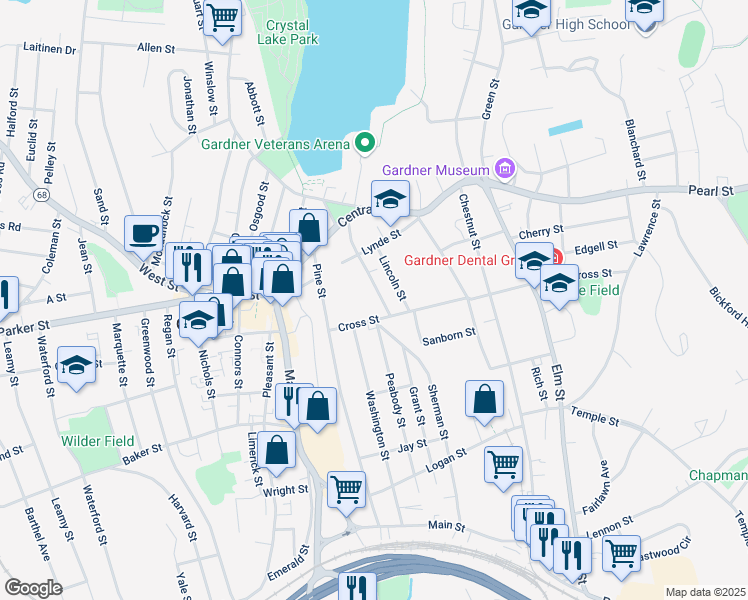 map of restaurants, bars, coffee shops, grocery stores, and more near 105 Maple Street in Gardner