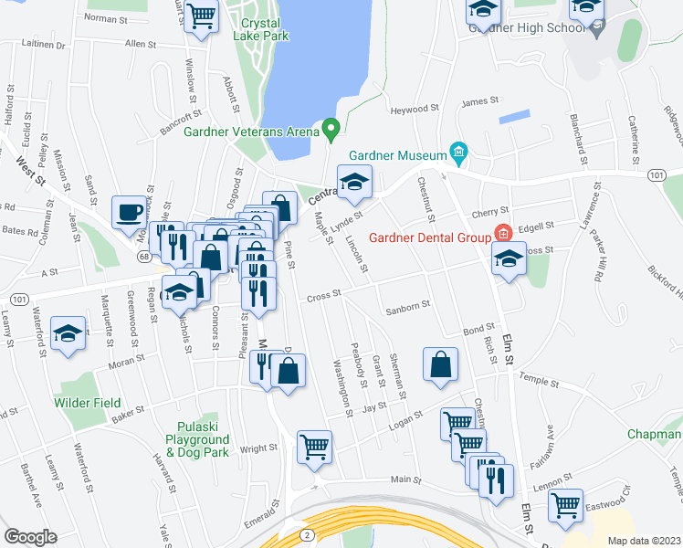 map of restaurants, bars, coffee shops, grocery stores, and more near 105 Maple Street in Gardner