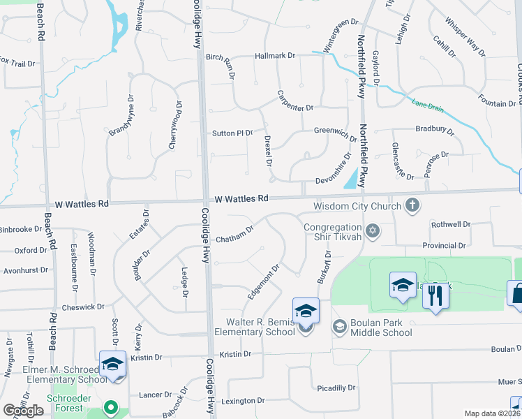 map of restaurants, bars, coffee shops, grocery stores, and more near 1818 Chatham Drive in Troy