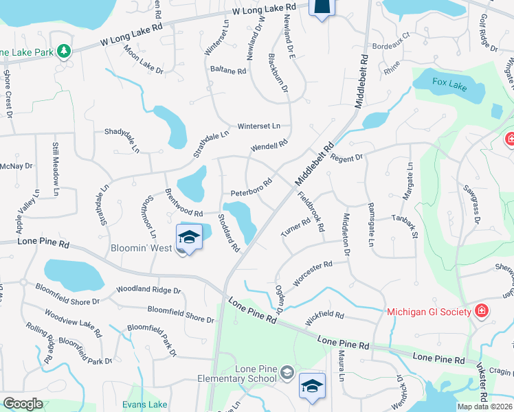 map of restaurants, bars, coffee shops, grocery stores, and more near 4274 Wendell Road in West Bloomfield Township