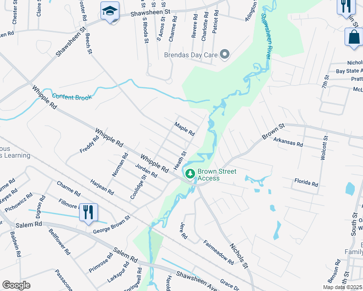 map of restaurants, bars, coffee shops, grocery stores, and more near 47 Walnut Road in Tewksbury