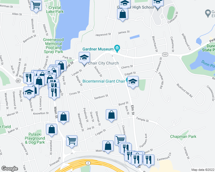 map of restaurants, bars, coffee shops, grocery stores, and more near 79 Cross Street in Gardner