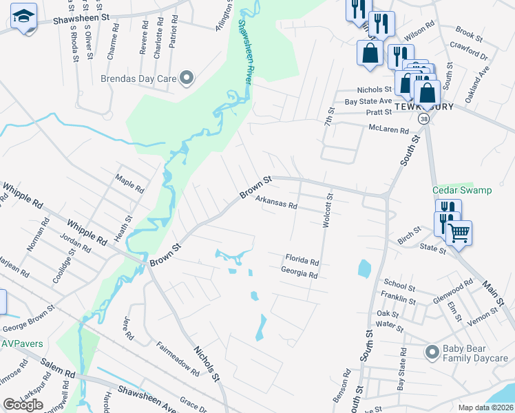 map of restaurants, bars, coffee shops, grocery stores, and more near 160 Arkansas Road in Tewksbury