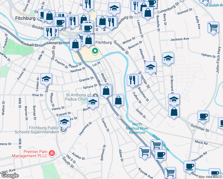 map of restaurants, bars, coffee shops, grocery stores, and more near 110 Middle Street in Fitchburg