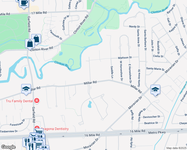 map of restaurants, bars, coffee shops, grocery stores, and more near 37900 Woodcrest Street in Macomb County