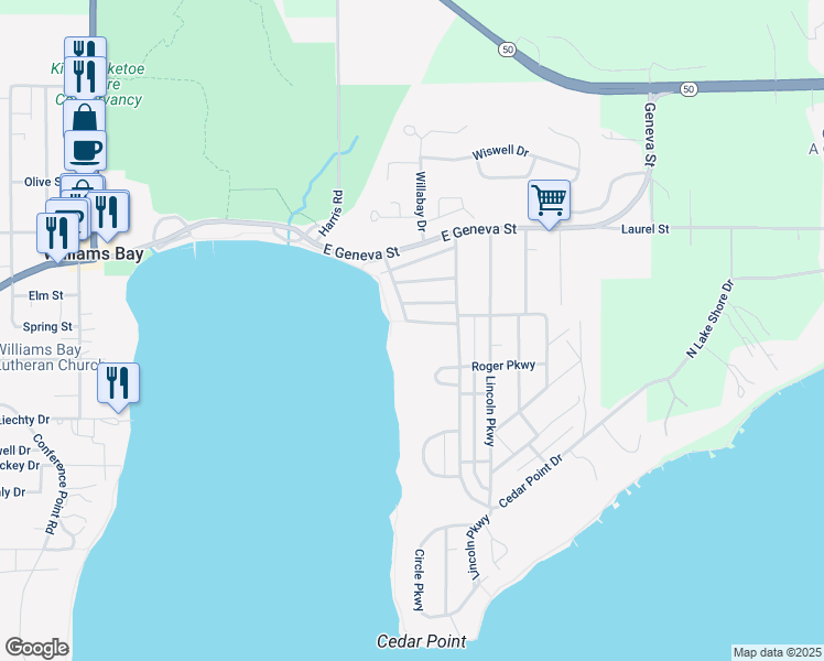 map of restaurants, bars, coffee shops, grocery stores, and more near 527 Park Ridge Road in Williams Bay