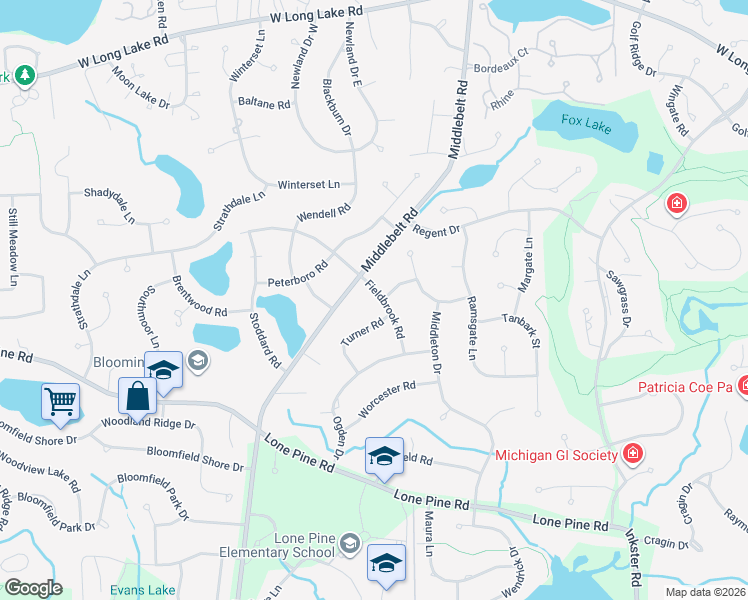 map of restaurants, bars, coffee shops, grocery stores, and more near 4288 Fieldbrook Road in West Bloomfield Township