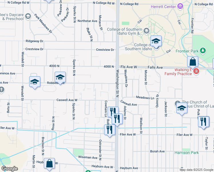 map of restaurants, bars, coffee shops, grocery stores, and more near 167 Robbins Avenue in Twin Falls