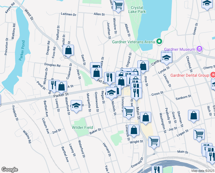 map of restaurants, bars, coffee shops, grocery stores, and more near 4 Oak Street in Gardner