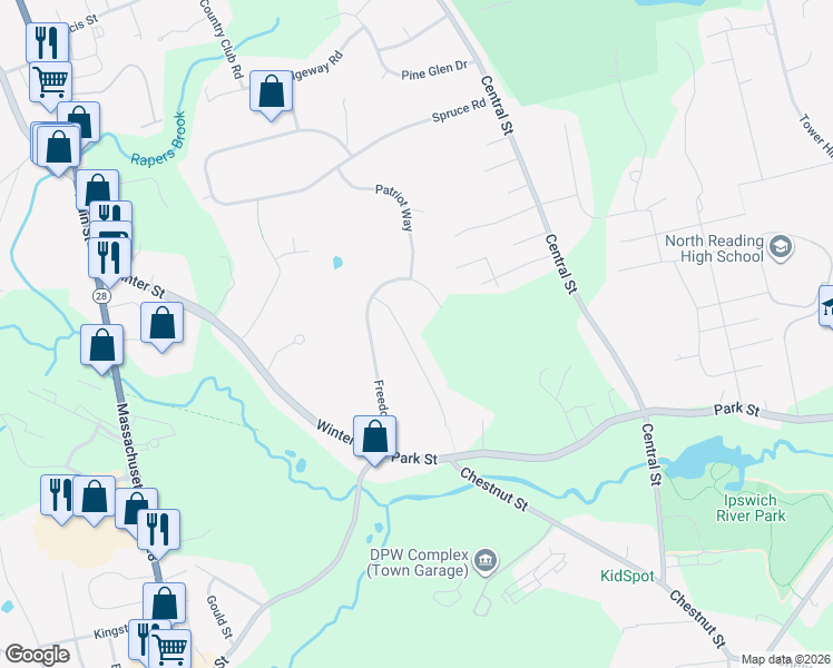 map of restaurants, bars, coffee shops, grocery stores, and more near 8 Liberty Lane in North Reading