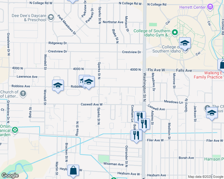 map of restaurants, bars, coffee shops, grocery stores, and more near 293 Robbins Avenue in Twin Falls