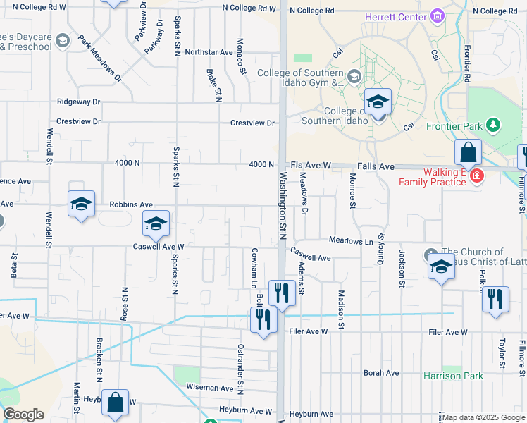 map of restaurants, bars, coffee shops, grocery stores, and more near 167 Robbins Avenue in Twin Falls
