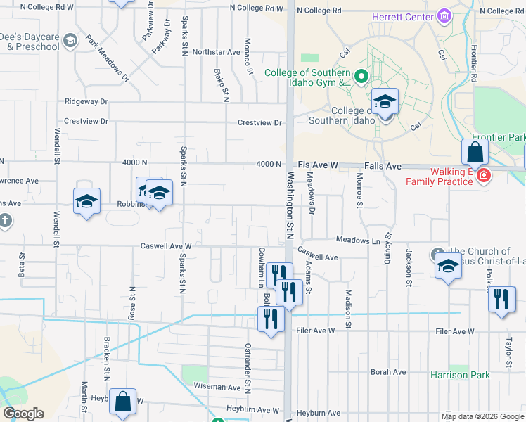 map of restaurants, bars, coffee shops, grocery stores, and more near 167 Robbins Avenue in Twin Falls