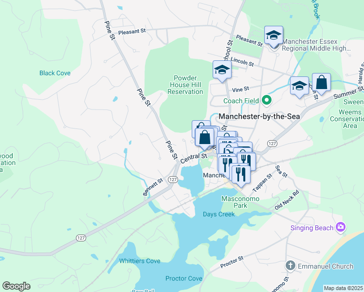 map of restaurants, bars, coffee shops, grocery stores, and more near 18 Morse Court in Manchester-by-the-Sea