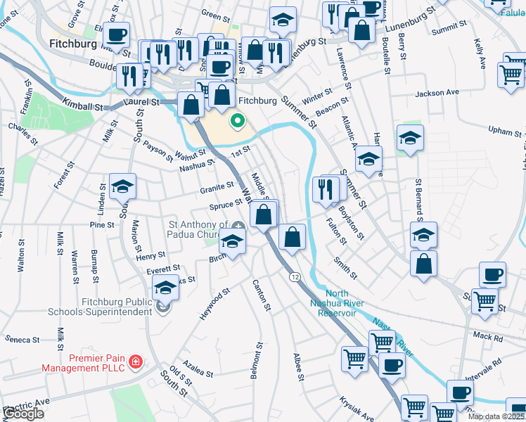 map of restaurants, bars, coffee shops, grocery stores, and more near 110 Middle Street in Fitchburg