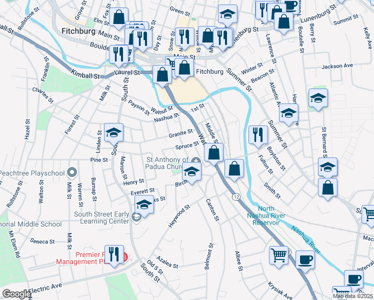 map of restaurants, bars, coffee shops, grocery stores, and more near 42 Salem Street in Fitchburg