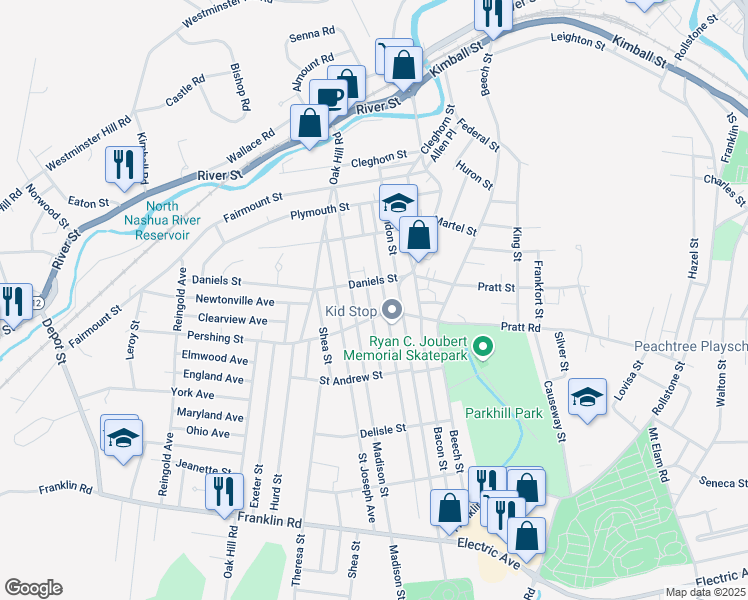map of restaurants, bars, coffee shops, grocery stores, and more near 76 Chester Street in Fitchburg