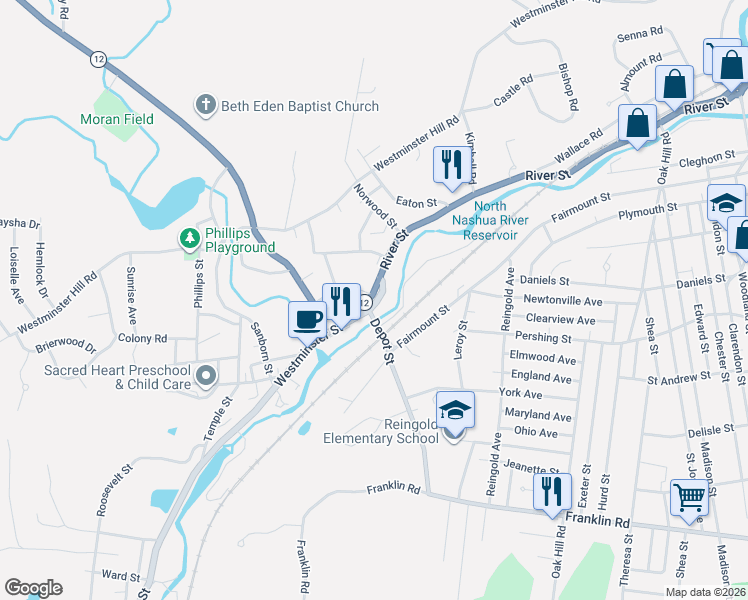 map of restaurants, bars, coffee shops, grocery stores, and more near 32 Ashburnham Street in Fitchburg
