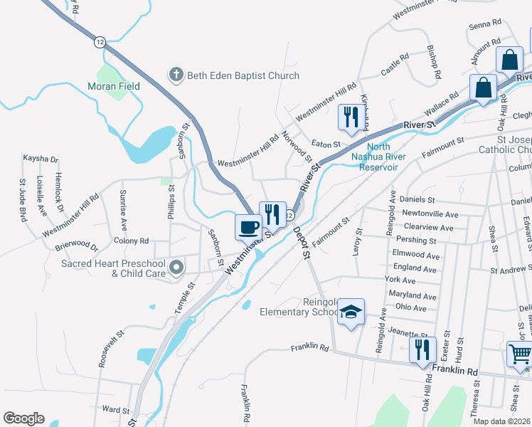 map of restaurants, bars, coffee shops, grocery stores, and more near 17 Fairview Street in Fitchburg