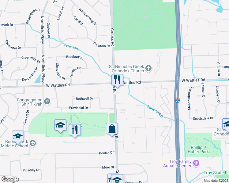 map of restaurants, bars, coffee shops, grocery stores, and more near 3960 Crooks Road in Troy