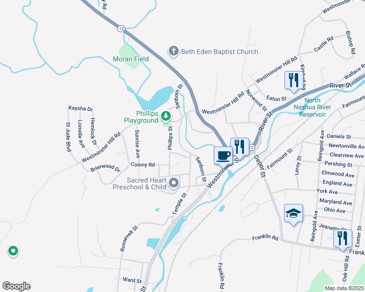 map of restaurants, bars, coffee shops, grocery stores, and more near 129 Sanborn Street in Fitchburg