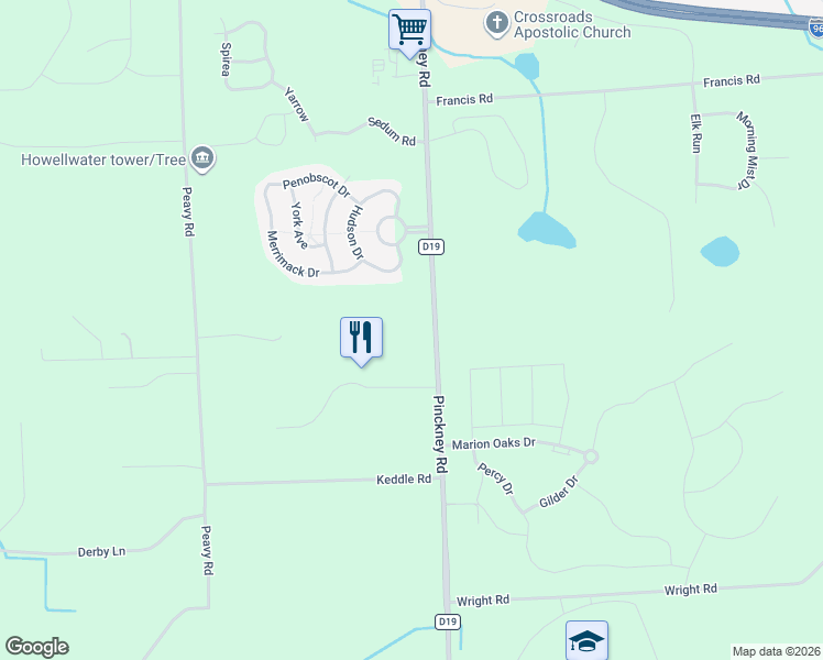 map of restaurants, bars, coffee shops, grocery stores, and more near 1776-2070 Pinckney Road in Howell