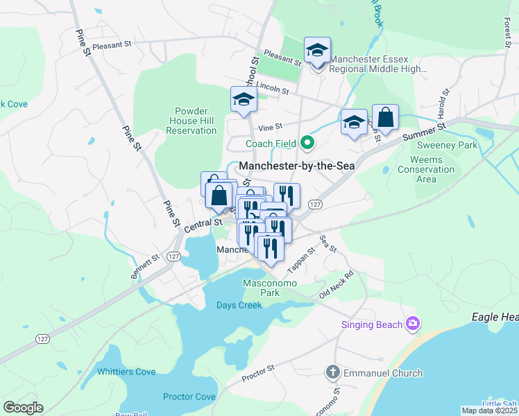 map of restaurants, bars, coffee shops, grocery stores, and more near 19 School Street in Manchester-by-the-Sea