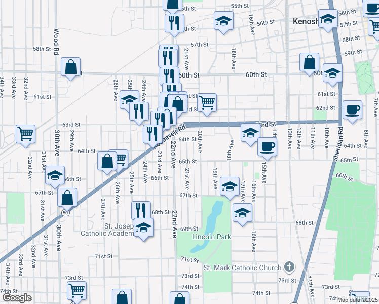 map of restaurants, bars, coffee shops, grocery stores, and more near 6427 21st Avenue in Kenosha