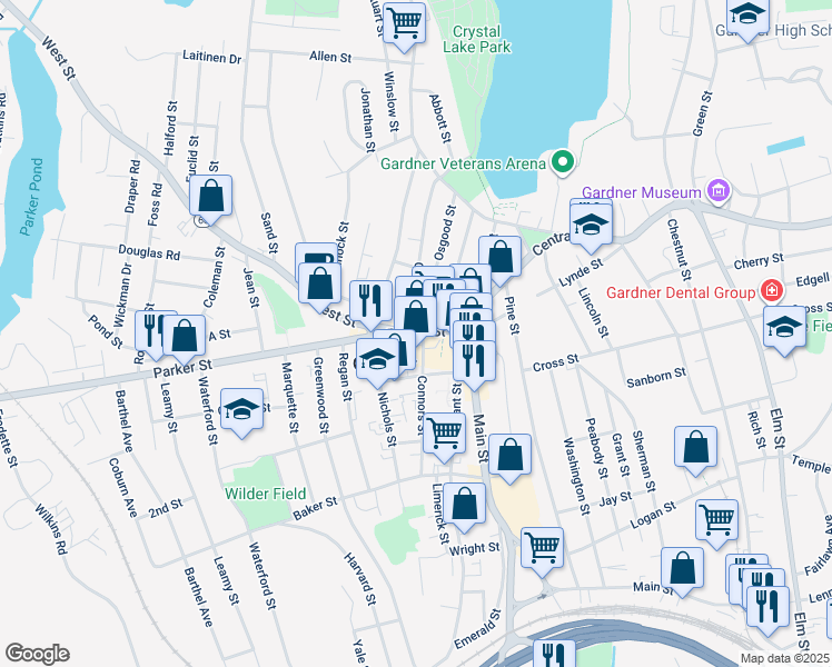 map of restaurants, bars, coffee shops, grocery stores, and more near 68 Parker Street in Gardner