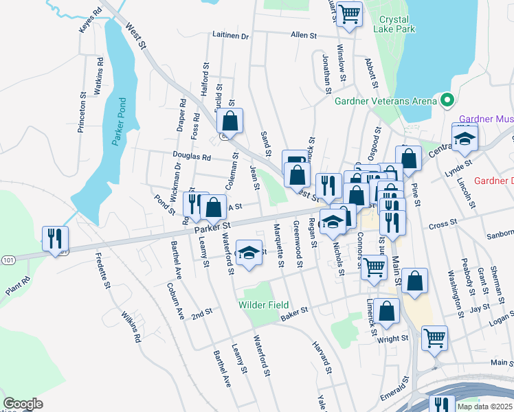map of restaurants, bars, coffee shops, grocery stores, and more near 6 A Street in Gardner