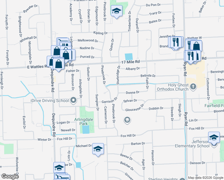 map of restaurants, bars, coffee shops, grocery stores, and more near 2956 Charity Drive in Sterling Heights