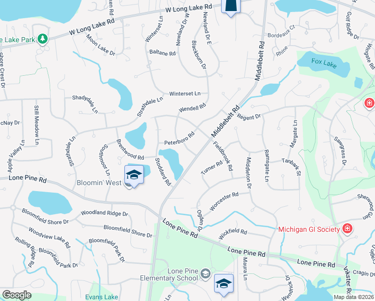 map of restaurants, bars, coffee shops, grocery stores, and more near 4274 Wendell Road in West Bloomfield Township