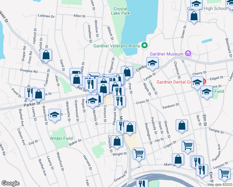 map of restaurants, bars, coffee shops, grocery stores, and more near 3 Pleasant Street in Gardner