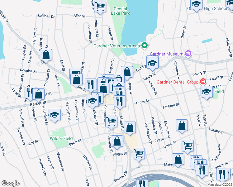 map of restaurants, bars, coffee shops, grocery stores, and more near 3 Pleasant Street in Gardner