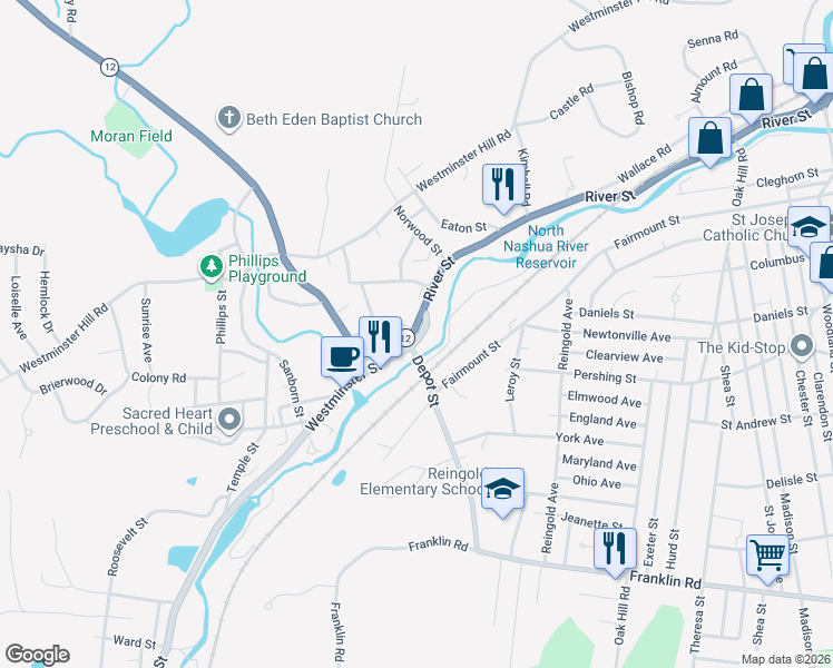 map of restaurants, bars, coffee shops, grocery stores, and more near 32 Ashburnham Street in Fitchburg