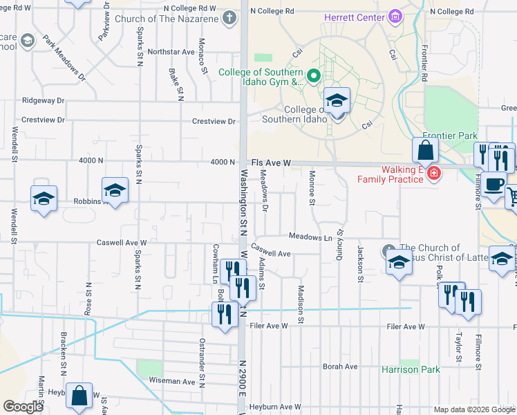 map of restaurants, bars, coffee shops, grocery stores, and more near 797 Meadows Drive in Twin Falls