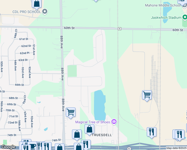 map of restaurants, bars, coffee shops, grocery stores, and more near 8302 65th Place in Kenosha