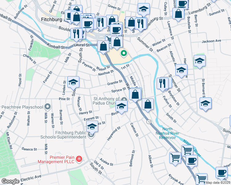map of restaurants, bars, coffee shops, grocery stores, and more near 33 Salem Street in Fitchburg
