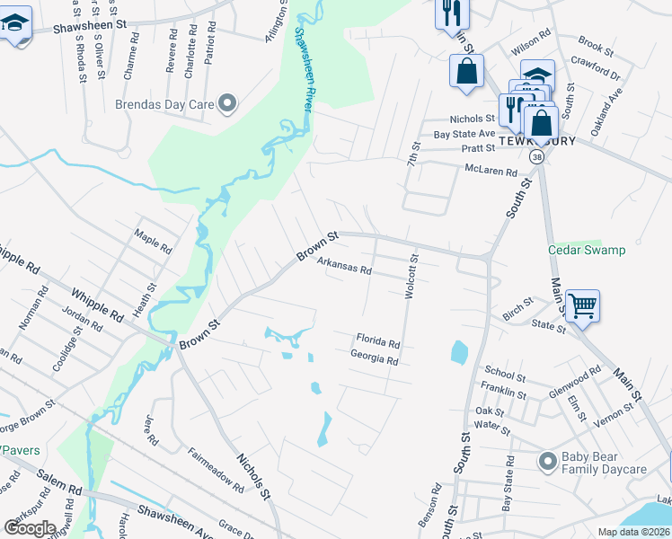 map of restaurants, bars, coffee shops, grocery stores, and more near 160 Arkansas Road in Tewksbury