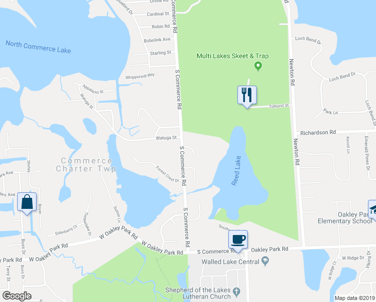map of restaurants, bars, coffee shops, grocery stores, and more near 134 Reed Lake Court in Commerce Charter Township