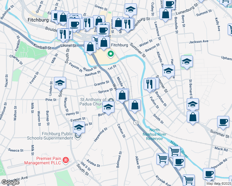 map of restaurants, bars, coffee shops, grocery stores, and more near 339 Water Street in Fitchburg