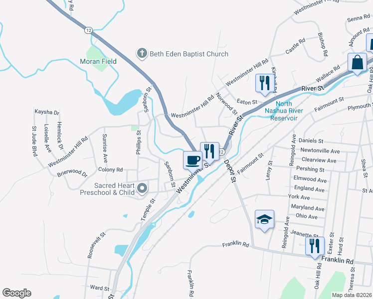 map of restaurants, bars, coffee shops, grocery stores, and more near 117 Ashburnham Street in Fitchburg
