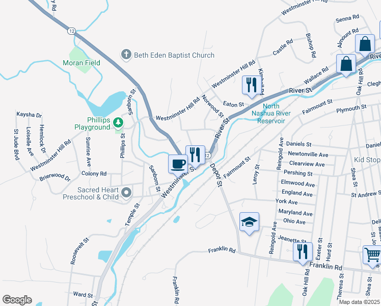 map of restaurants, bars, coffee shops, grocery stores, and more near 17 Fairview Street in Fitchburg