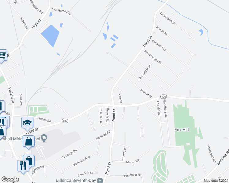 map of restaurants, bars, coffee shops, grocery stores, and more near 125 Pond Street in Billerica