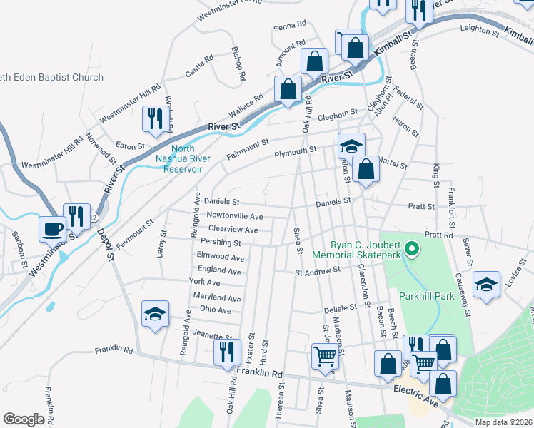 map of restaurants, bars, coffee shops, grocery stores, and more near 35 Newtonville Avenue in Fitchburg