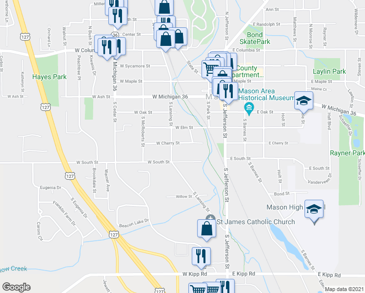 map of restaurants, bars, coffee shops, grocery stores, and more near 327 West Cherry Street in Mason