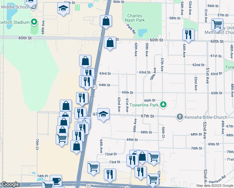 map of restaurants, bars, coffee shops, grocery stores, and more near 6512 62nd Ave in Kenosha