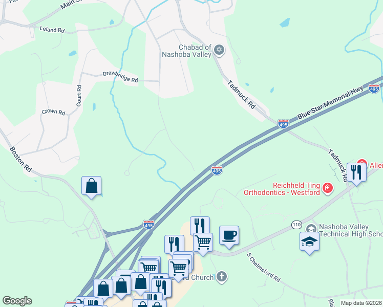 map of restaurants, bars, coffee shops, grocery stores, and more near 108 Providence Road in Westford
